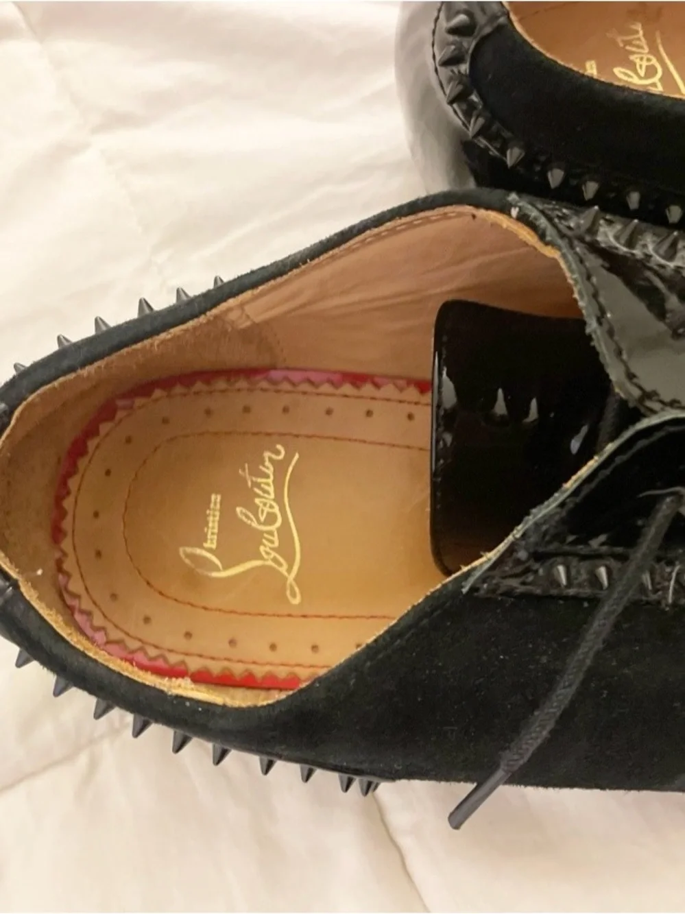 Christian Louboutin Black Suede & Patent Leather Spiked Derby Shoes